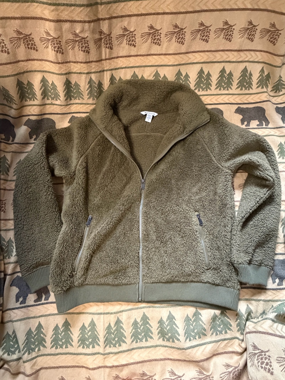 Athleta Tugga Sherpa Olive Green Full-Zip Sweater